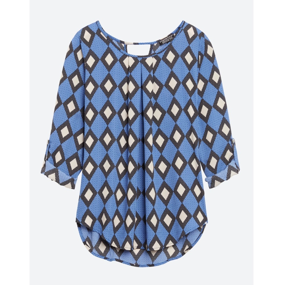 Papermoon Pleated Geometric Blouse Blue Black Cream Large EUC - Picture 1 of 9
